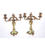 A PAIR OF CONTINENTAL GILT-BRONZE AND PORCELAIN TWIN-LIGHT CANDELABRA, LATE 19th CENTURY
