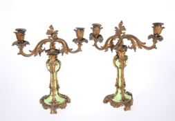 A PAIR OF CONTINENTAL GILT-BRONZE AND PORCELAIN TWIN-LIGHT CANDELABRA, LATE 19th CENTURY