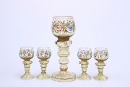 THERESIENTHAL, FIVE BOHEMIAN PALAIS SERIES ENAMELLED GLASS ROEMERS