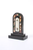 A VICTORIAN ASHFORD BLACK MARBLE AND PIETRA DURA DESK THERMOMETER