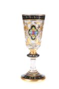 A SUBSTANTIAL BOHEMIAN ENAMEL PAINTED CASED GLASS GOBLET, 19th CENTURY, the bucket bowl painted with