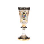 A SUBSTANTIAL BOHEMIAN ENAMEL PAINTED CASED GLASS GOBLET, 19th CENTURY, the bucket bowl painted with