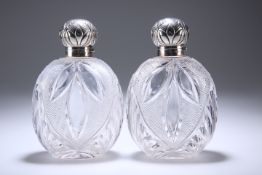 A PAIR OF LARGE GEORGE V SILVER-TOPPED CUT-GLASS SCENT BOTTLES, JAMES DIXON & SON, SHEFFIELD 1923