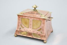 AN ARTS AND CRAFTS COPPER AND BRASS COAL BOX