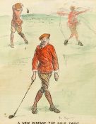 A GROUP OF FIVE HAND-COLOURED GOLFING CARTOONS