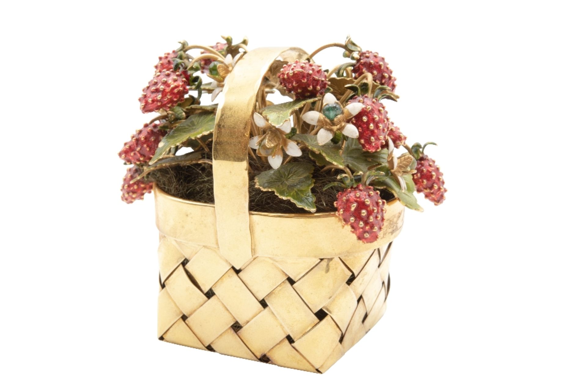 AN ENAMEL AND STERLING SILVER-GILT FRUIT BASKET, BY CARTIER