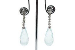 A PAIR OF AQUAMARINE AND DIAMOND DROP EARRINGS