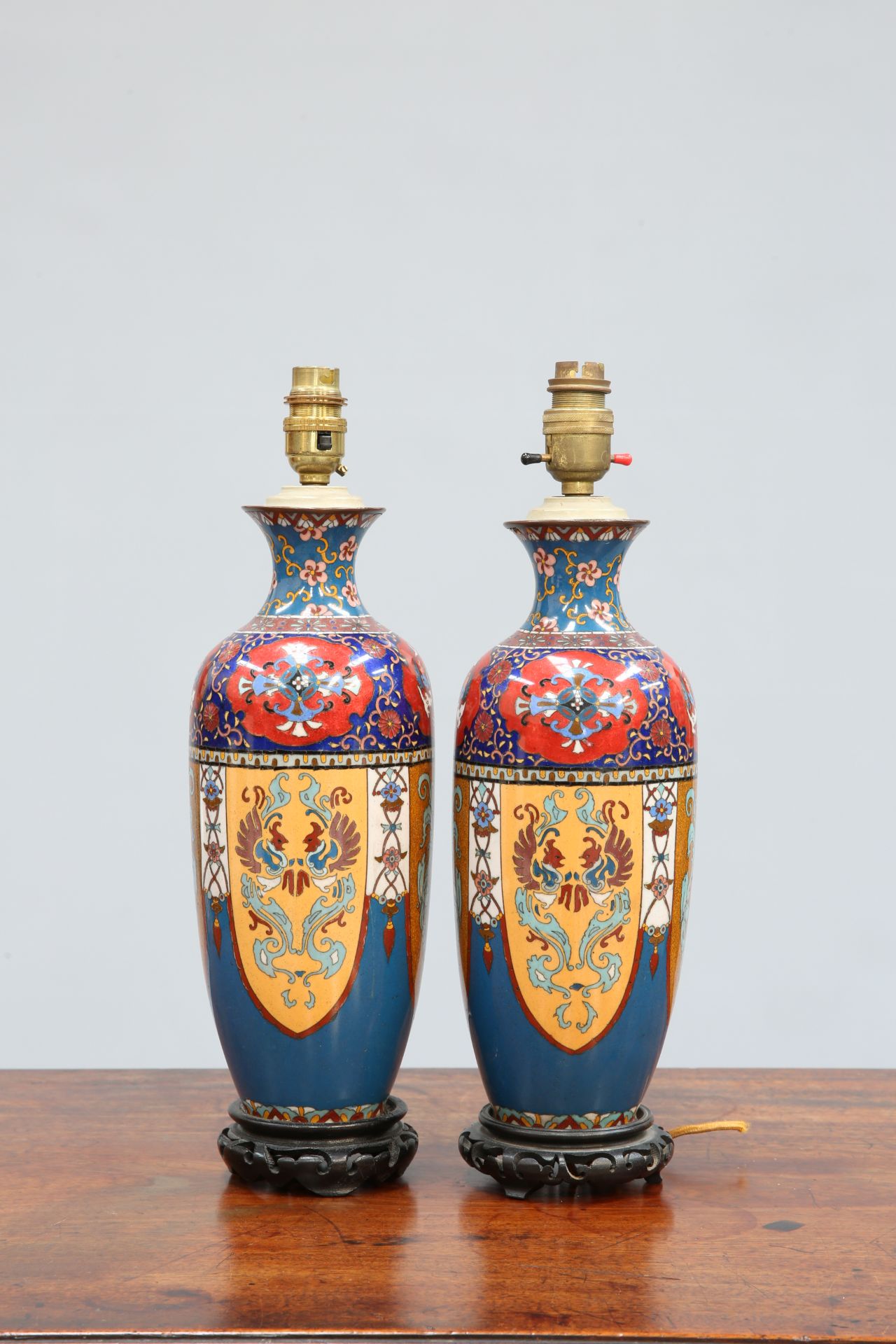 A PAIR OF JAPANESE CLOISONNE LAMP BASES, MEIJI PERIOD