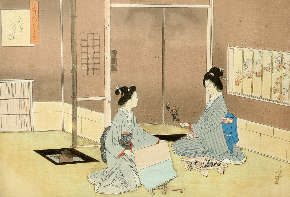 A PAIR OF JAPANESE WOODCUTS, each depicting two geishas