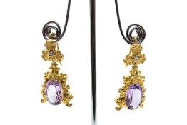 A PAIR OF AMETHYST AND SEED PEARL PENDENT EARRINGS