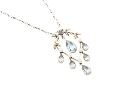 AN AQUAMARINE, SEED PEARL AND DIAMOND PENDANT