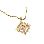 A PINK SAPPHIRE, EMERALD AND SEED PEARL PENDANT NECKLACE
