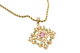 A PINK SAPPHIRE, EMERALD AND SEED PEARL PENDANT NECKLACE