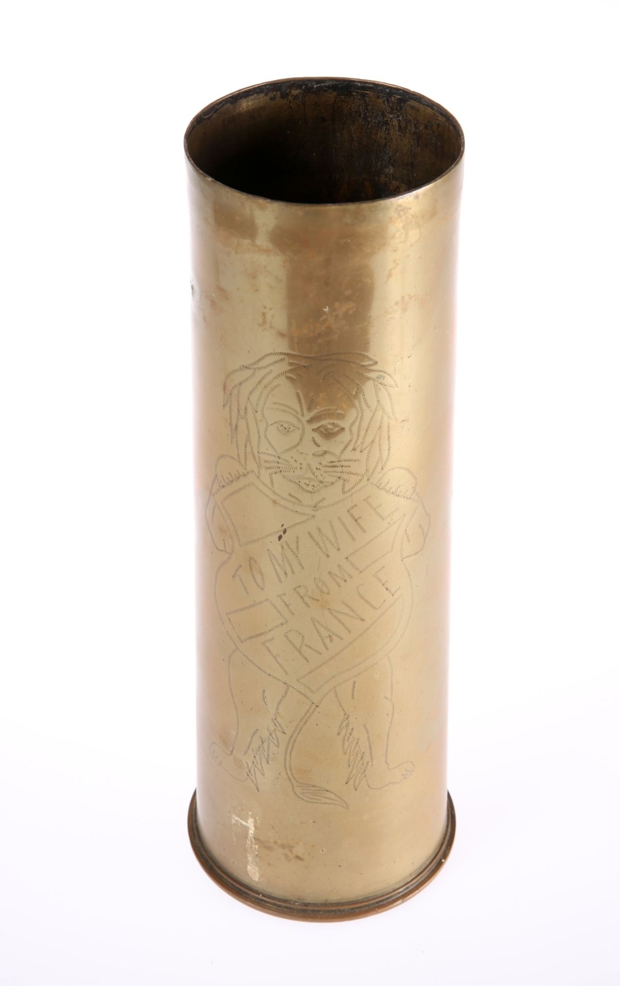 A WORLD WAR I TRENCH ART BRASS SHELL, dated 1916