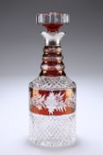 A SILVER-COLLARED RUBY FLASH GLASS DECANTER AND STOPPER