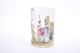 A CHINESE PORCELAIN BRUSH POT, cylindrical, painted with figures