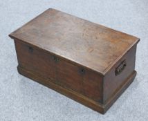 AN 18TH CENTURY OAK TRUNK, UNUSUALLY FITTED WITH THREE LOCKS