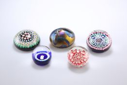 A GROUP OF FIVE GLASS PAPERWEIGHTS, including John Ditchfield Glasform