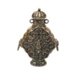 A TIBETAN WHITE METAL SNUFF BOTTLE, set with turquoise and coral stones