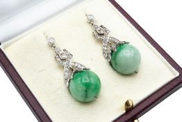 A PAIR OF JADEITE AND DIAMOND DROP EARRINGS