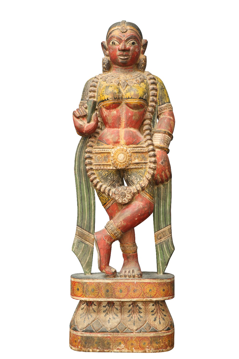 A LARGE CARVED AND PAINTED WOODEN FIGURE OF A GODDESS