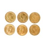 SIX GOLD HALF SOVEREIGNS, 1898, 1899, 1902, 1905, 1913 and 1914.