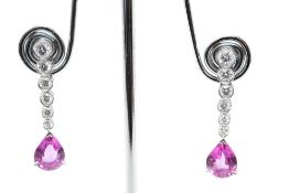 A PAIR OF PINK SAPPHIRE AND DIAMOND DROP EARRINGS