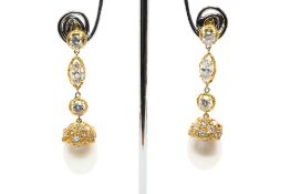 A PAIR OF CULTURED PEARL AND DIAMOND DROP EARRINGS