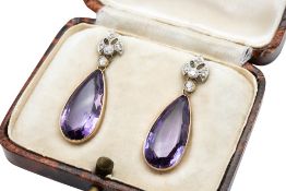 A PAIR OF AMETHYST AND DIAMOND DROP EARRINGS