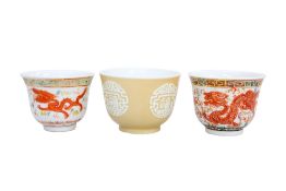 THREE CHINESE PORCELAIN WINE CUPS