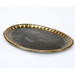 A LARGE VICTORIAN TOLEWARE TRAY, oval with gilded decoration