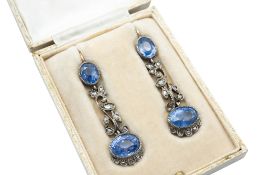 A PAIR OF SAPPHIRE AND DIAMOND PENDENT EARRINGS