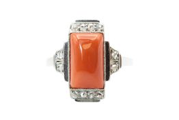 A CORAL AND DIAMOND DRESS RING, CIRCA 1925