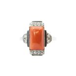 A CORAL AND DIAMOND DRESS RING, CIRCA 1925