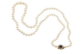 A CULTURED PEARL NECKLACE WITH A SAPPHIRE AND DIAMOND CLASP