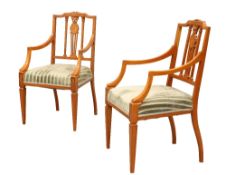 A PAIR OF EDWARDIAN INLAID SATINWOOD OPEN ARMCHAIRS