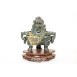 A LARGE CHINESE CARVED SPINACH JADE CENSER