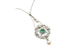 A PEARL, EMERALD AND DIAMOND PENDANT NECKLACE