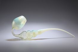 A LARGE VICTORIAN "END OF DAY" VASELINE GLASS PIPE. 53.5cm