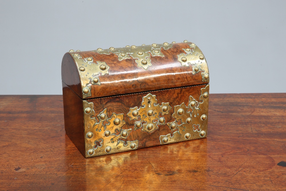 A VICTORIAN BRASS-MOUNTED BURR WALNUT DOME-TOP DESK BOX