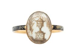 A HAIRWORK AND ENAMEL MOURNING RING, CIRCA 1780