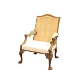 A FINE GEORGE III CARVED MAHOGANY GAINSBOROUGH CHAIR OF GENEROUS PROPORTIONS