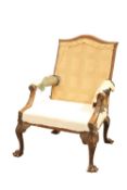 A FINE GEORGE III CARVED MAHOGANY GAINSBOROUGH CHAIR OF GENEROUS PROPORTIONS