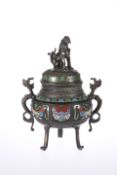 A CHINESE CHAMPLEVE ENAMEL BRONZE TRIPOD CENSER, 19TH CENTURY