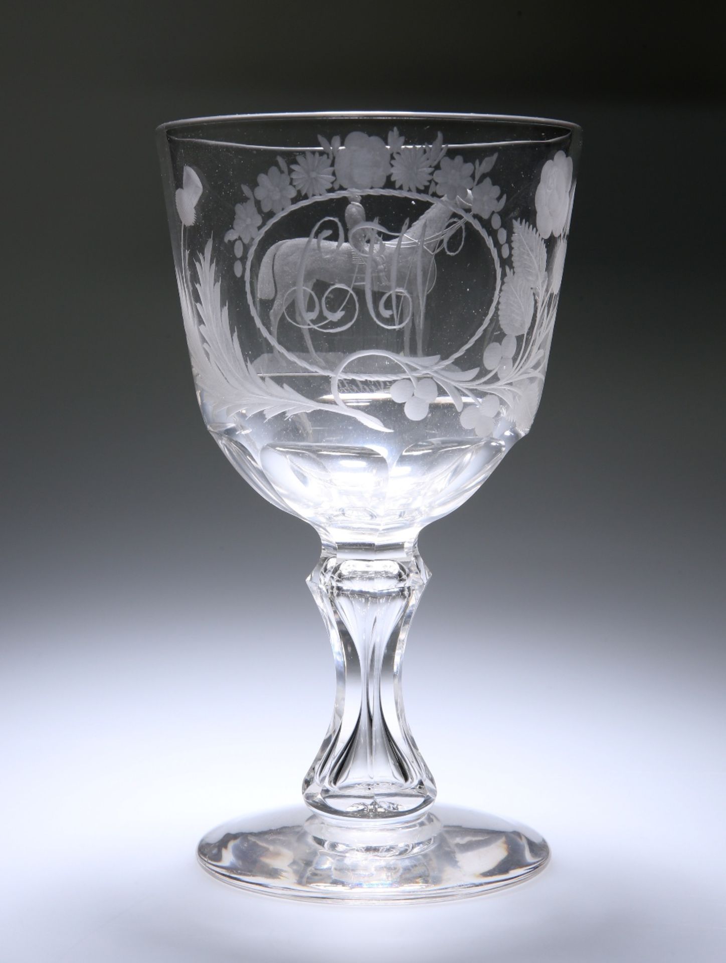 HORSE RACING INTEREST: A MID-19th CENTURY ETCHED GLASS GOBLET, BEARING A NAMED IMAGE OF "VEDETTE"