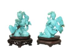 TWO CHINESE CARVED TURQUOISE FIGURES, 19TH/20TH CENTURY