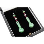 A PAIR OF JADEITE, RUBY AND DIAMOND PENDENT EARRINGS
