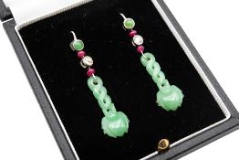 A PAIR OF JADEITE, RUBY AND DIAMOND PENDENT EARRINGS