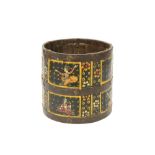 AN INDIAN IRON-BOUND AND PAINTED COOPERED WOODEN BUCKET MEASURE