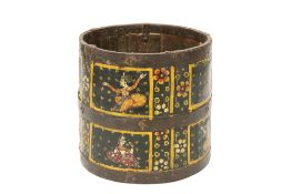 AN INDIAN IRON-BOUND AND PAINTED COOPERED WOODEN BUCKET MEASURE